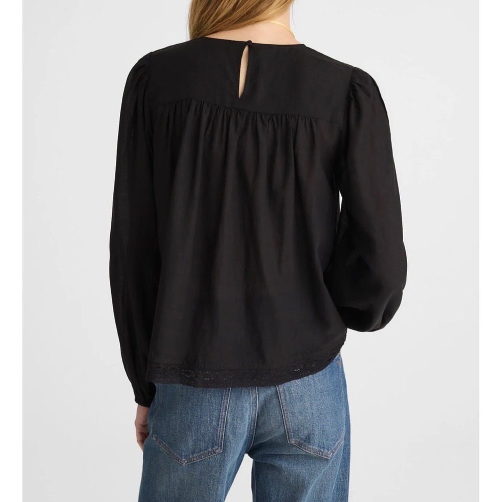 Madewell Black Lace-Insert Pintuck Long Sleeve Blouse Womens Size S NWT NW717 - Picture 3 of 13